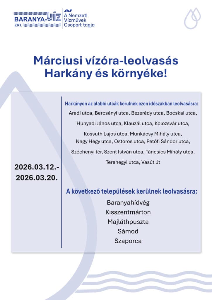 Márciusi vízóra-leolvasás Harkány és környéke