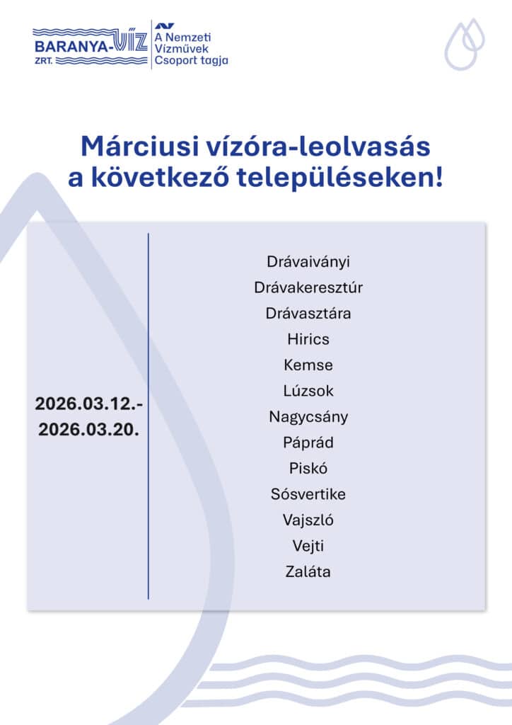 Márciusi vízóra-leolvasás Szigetvár környező települései
