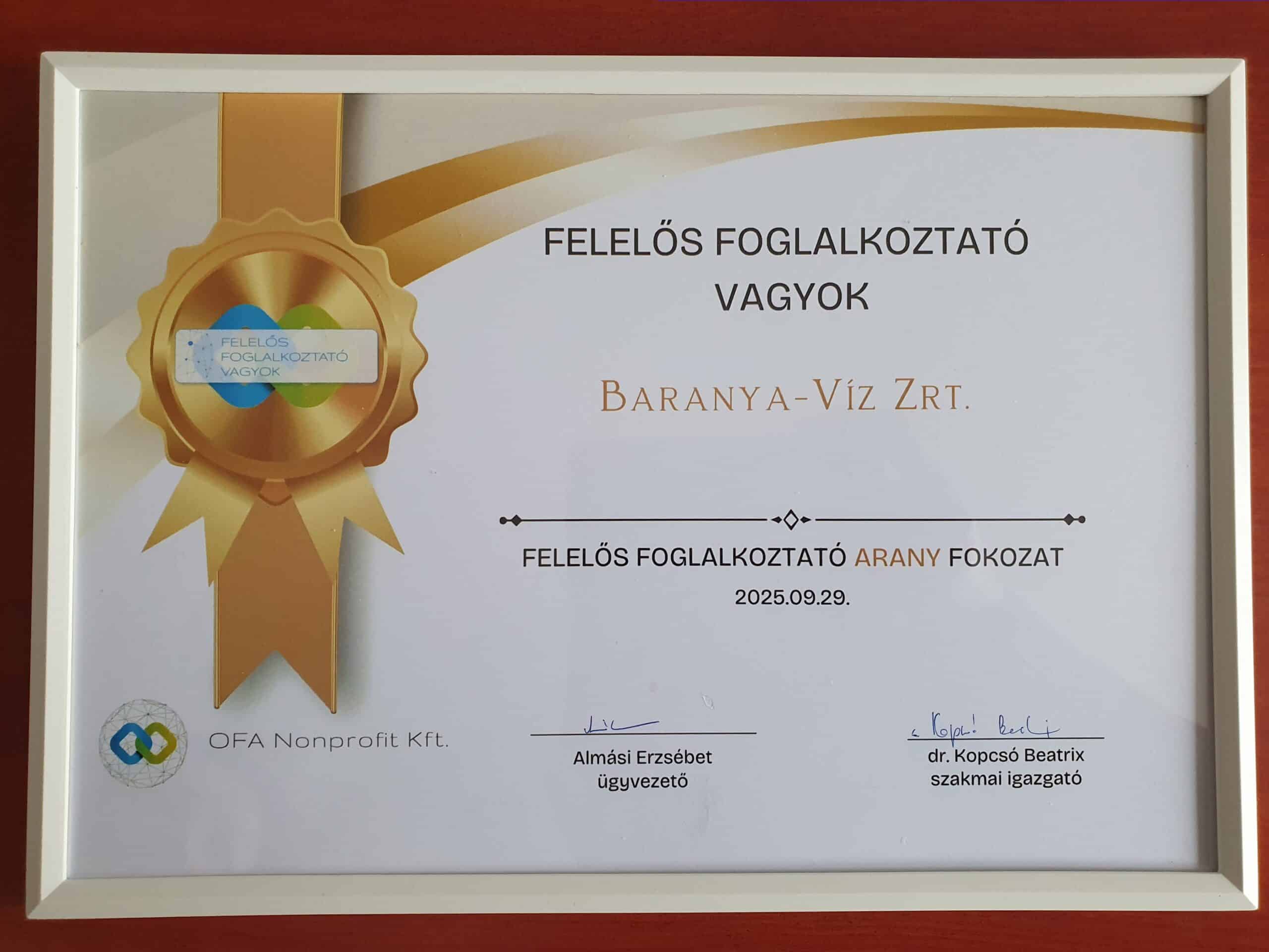 Felelős Foglalkoztató arany minősítési fokozat